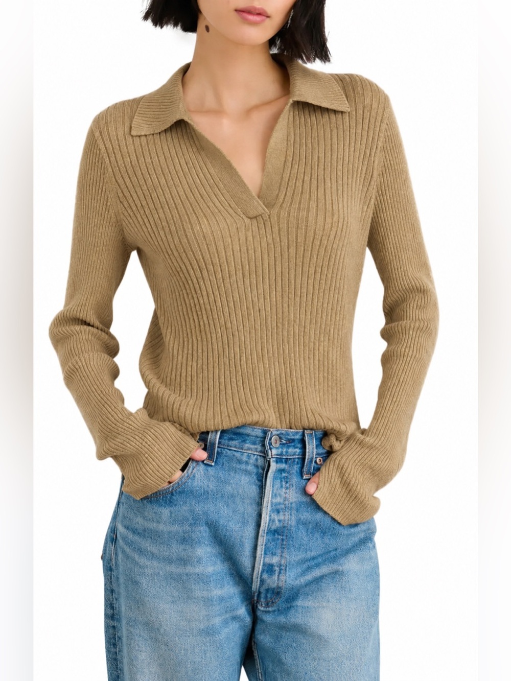 Alex Mill Camel Tan Ribbed Knit V-Neck Polo Sweater Loretta